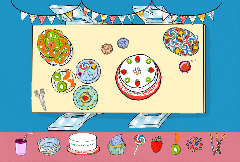 Birthday party illustration by Tostoini for WORLD Food app by Art Stories