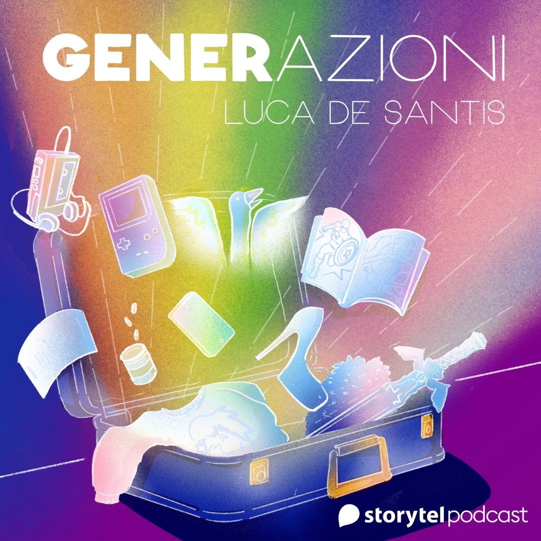 cover del podcast generazioni di luca de santis con l'immagine di una valigia da cui escono oggetti importanti per la storia personale di luca e della comunità lgbtq+ in italia