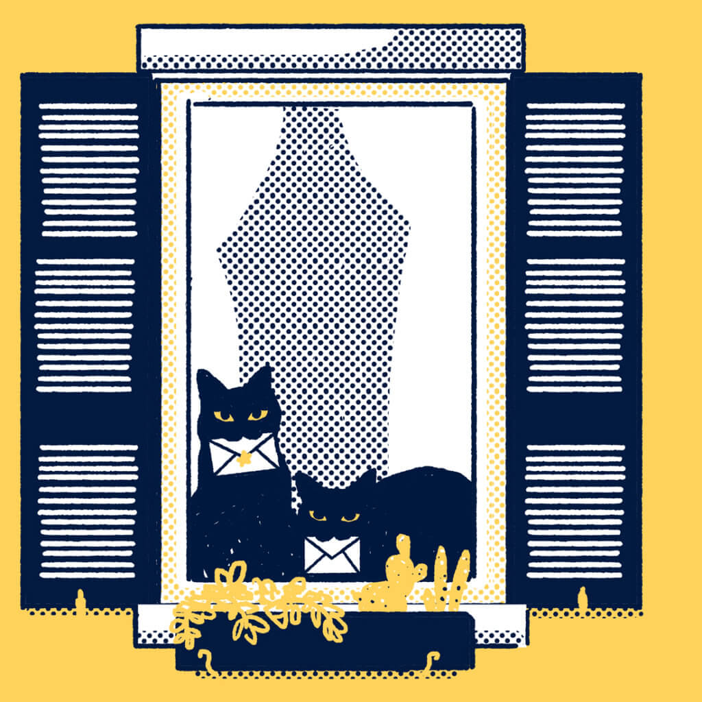 black cat on windowshill with envelopes on yellow background illustration by tostoini for the monthly newsletter