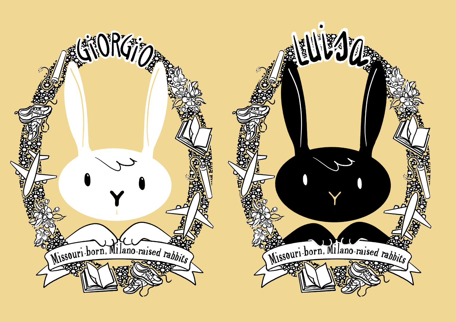 a black and a with rabbit in a flowery garland with their names on top (giorgio and luisa) and a with a ribbon with the words "Missouri-born, Milano-raised rabbits" on a pastel yellow background