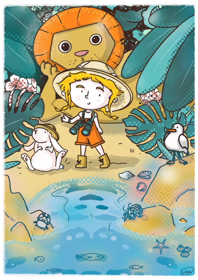 An illustration in the style of a children picture book with a girl dressed as an explorer o a beach surrounded by a jungle with a lion, a rabbit and a seagull