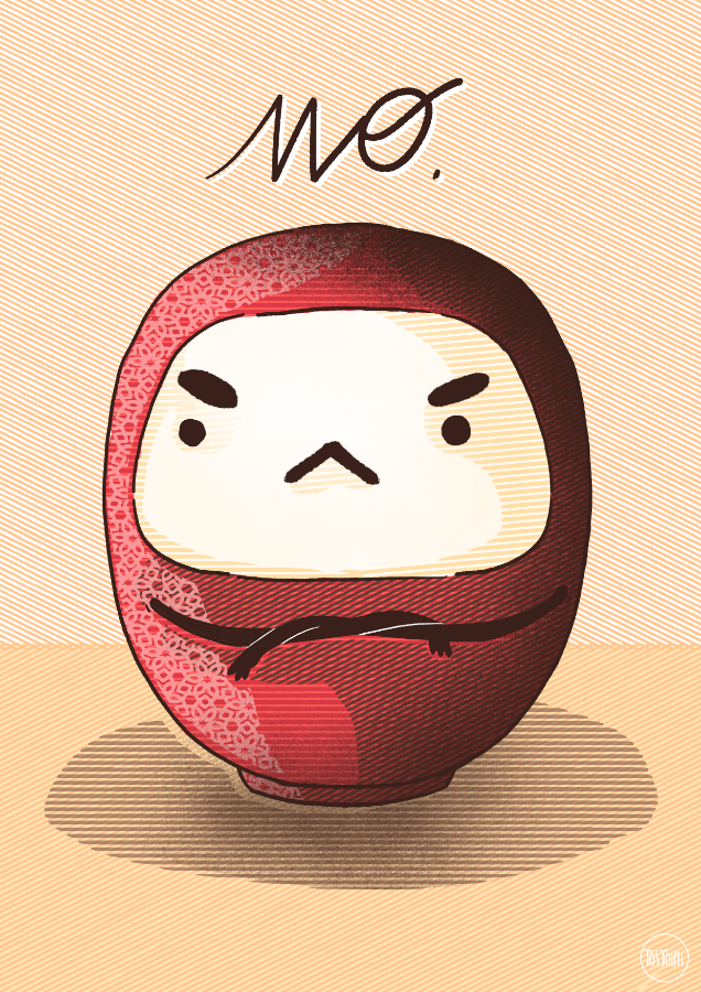 red daruma doll illustration with arms crossed and a comically disappointed face saying the word "NO."
