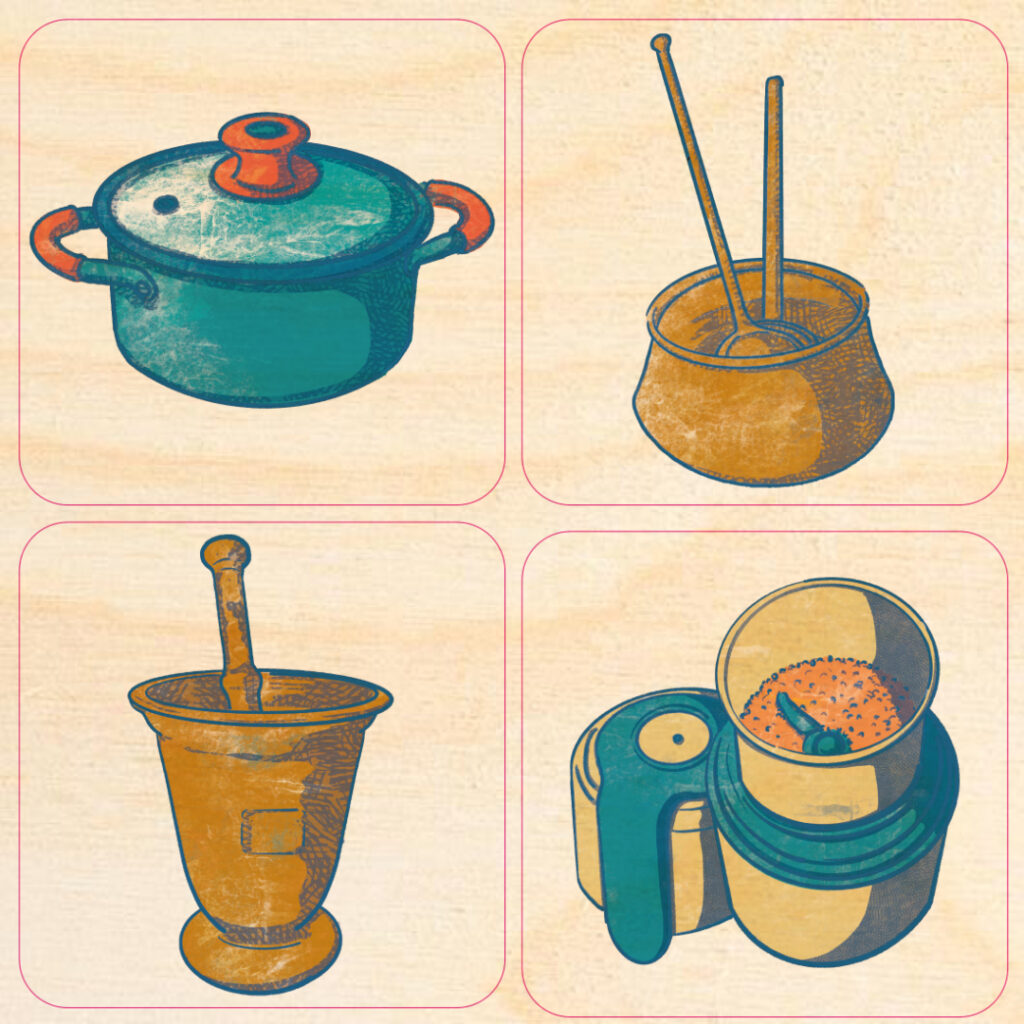 The Now & Then Memory game illustrations for Children Interpretation Center in Erbil by tostoini - matching pots and spice grinder