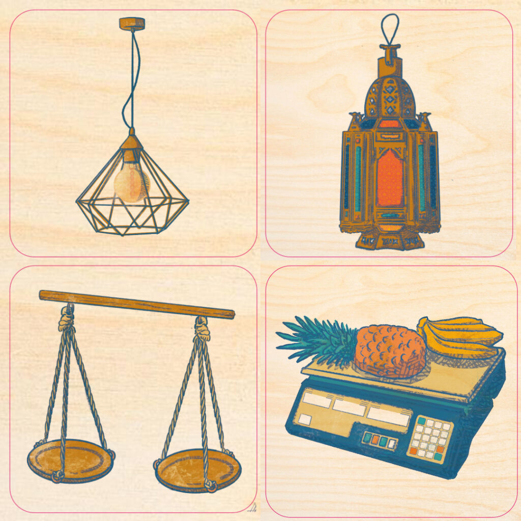 The Now & Then Memory game illustrations for Children Interpretation Center in Erbil by tostoini - matching lamp and scales
