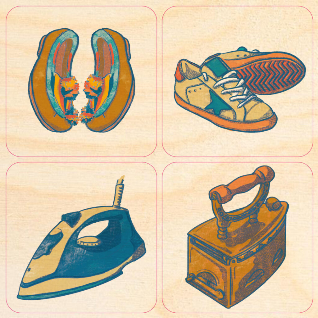 The Now & Then Memory game illustrations for Children Interpretation Center in Erbil by tostoini - matching ancient and modern shoes and pressing iron