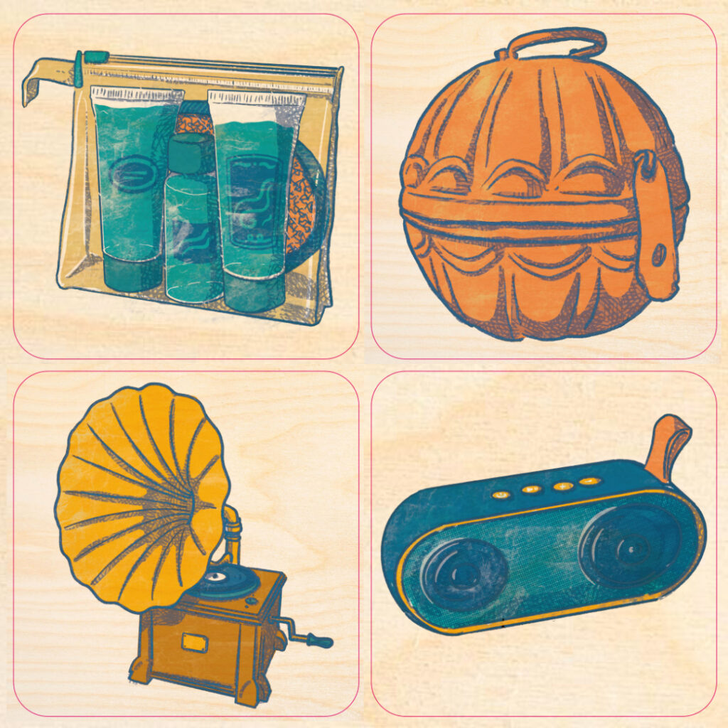 The Now & Then Memory game illustrations for Children Interpretation Center in Erbil by tostoini - matching contemporary and ancient beauty case, grammophone and boombox