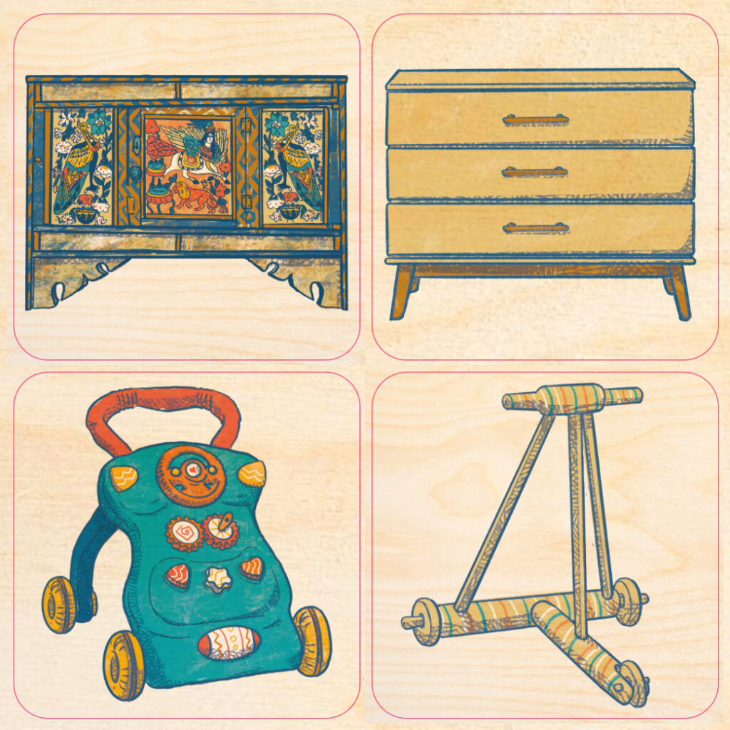 The Now & Then Memory game illustrations for Children Interpretation Center in Erbil by tostoini - matching furniture and baby walkers